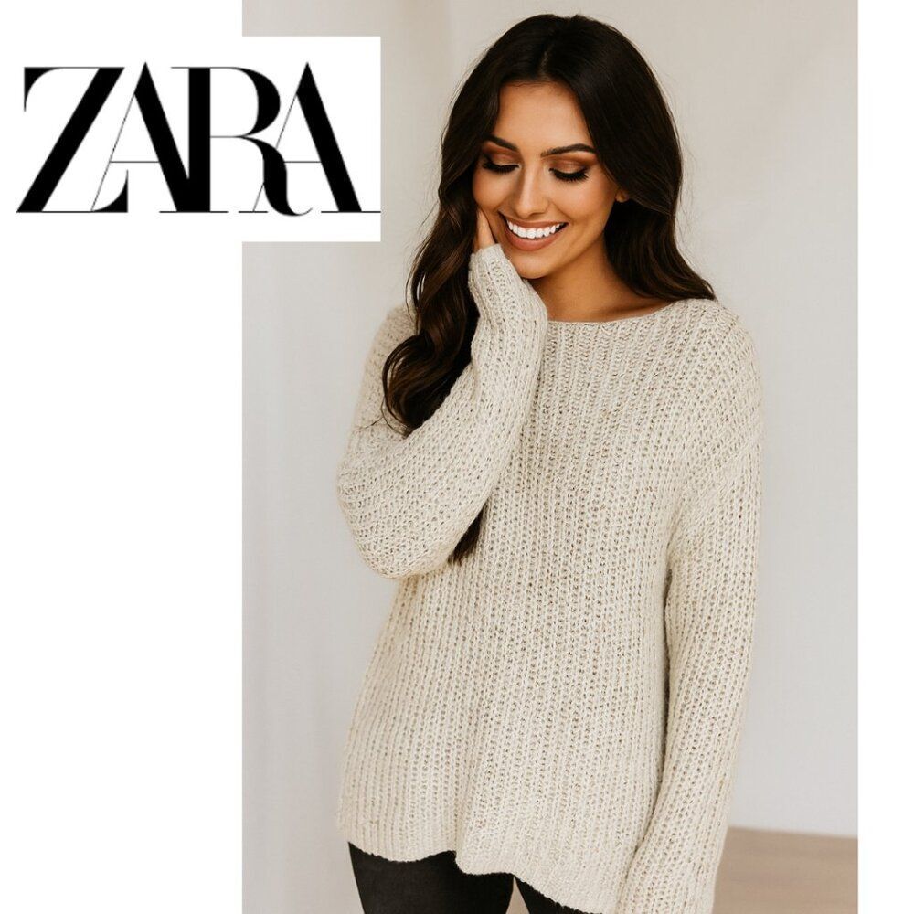 Zara Cream Chunky Knit Scoop Neck Sweater